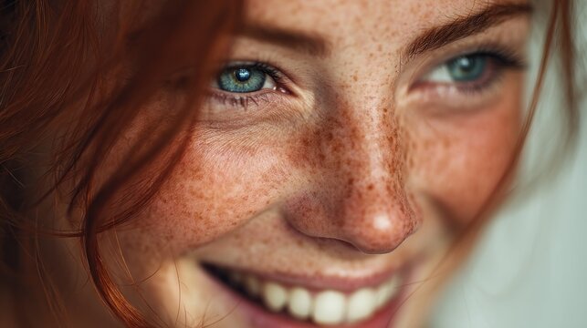 Close-up portrait of a smiling freckled redhead woman with bright blue eyes