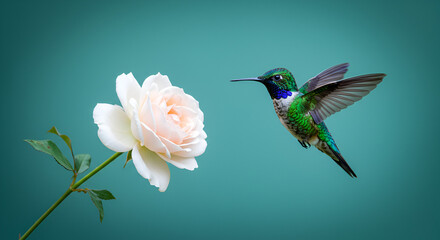 Fototapeta premium Hummingbird Hovering Near a Rose, Nature's Intimate Moment Captured Gracefully