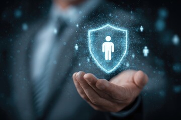 Businessperson holds digital shield, person icon