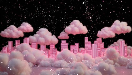 Pink city on fluffy clouds at night