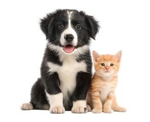 Fototapeta premium Heartwarming Friendship: Adorable Border Collie Puppy and Ginger Kitten Together isolated on a transparent background