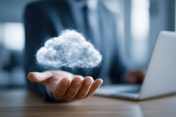 Businessperson's hand holding a digital cloud