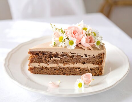 A slice of cake decorated with flowers