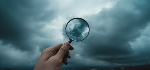 Hand holding magnifying glass focusing on dark storm clouds