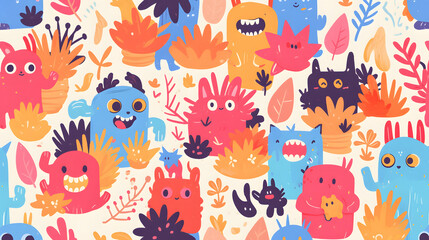 Obraz premium cute forest monsters hiding in colorful jungle flat vector