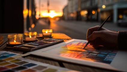 Artistic hand paints sunset cityscape on paper, with candles and palette