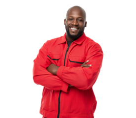 Smiling African American Worker in Red Uniform with Arms Crossed isolated on a transparent background
