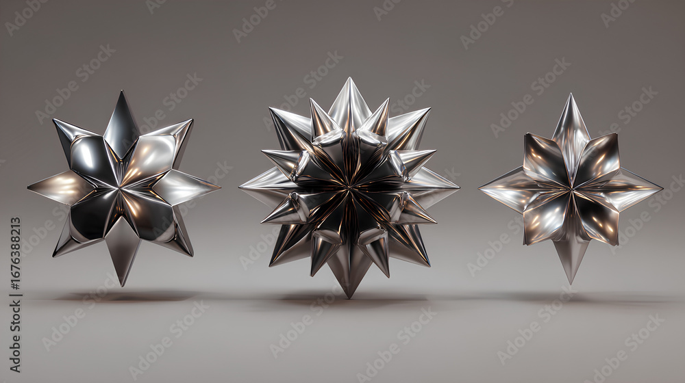 Fototapete a set of 3d rendering geometric starburst chrome shapes. abstract metallic form design elements stoc