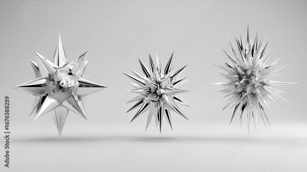Poster a set of 3d rendering geometric starburst chrome shapes. abstract metallic form design elements stoc