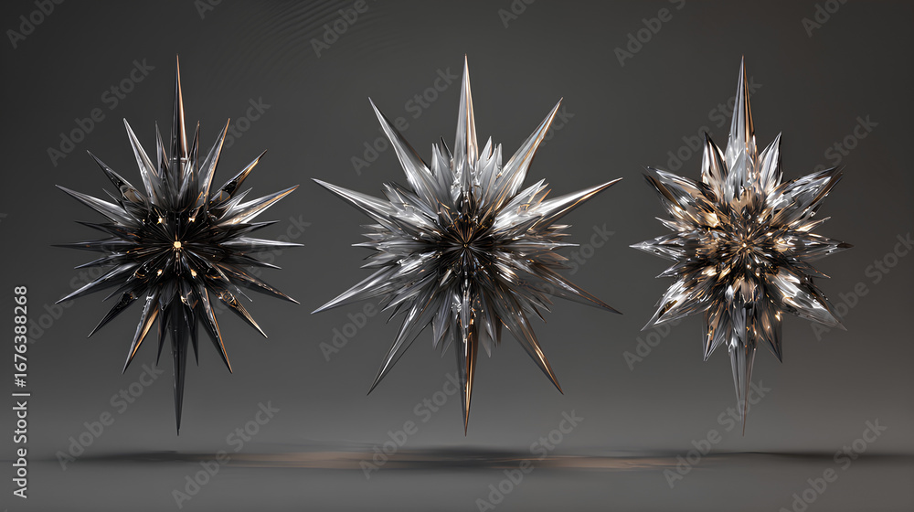 Aufkleber a set of 3d rendering geometric starburst chrome shapes. abstract metallic form design elements stoc