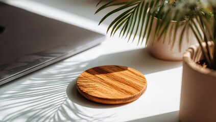 Light-filled workspace with laptop, plant, and wooden coaster
