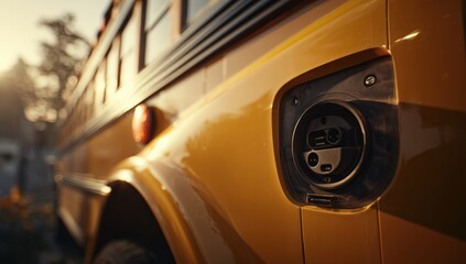 Close-up of electric school bus charging port