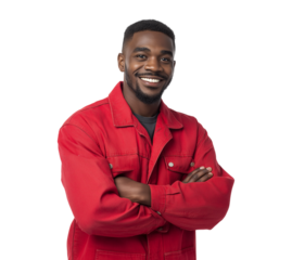 Confident Young African American Man Smiling in Red Jacket with Arms Crossed isolated on a transparent background