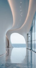 Modern, smooth, white architectural hallway with a curved ceiling and glass walls