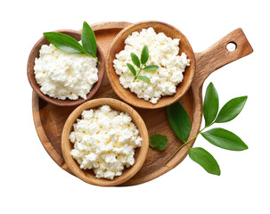 Wooden platter with three small bowls of ricotta cheese, garnished with fresh leaves