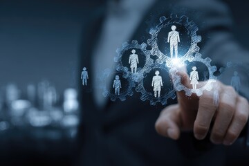 A person in a suit points at interconnected gears with person icons, suggesting teamwork and collaboration