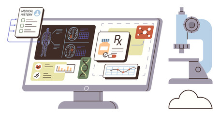 Computer screen displaying medical history, test results, anatomy scans, DNA strand, and charts. Microscope symbolizes research. Ideal for healthcare, diagnostics, medical research technology