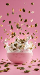 Milk splash with pumpkin seeds in a pink bowl against a pink background