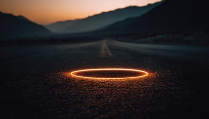 Empty circle of orange light on asphalt road, mountains in background