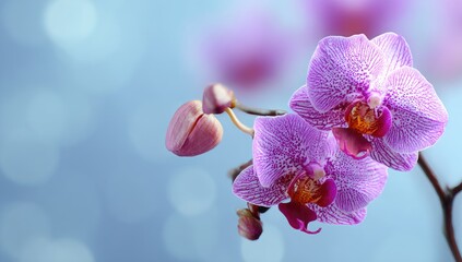 Close-up of two vibrant pink orchids against a soft blue background