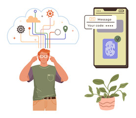 Thoughtful man connected to cloud network, phone with fingerprint and code verification, potted plant. Ideal for security, technology, innovation, data sharing, productivity, smart devices simple