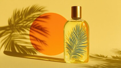 Golden bottle with teal palm frond, sunburst shadows on pastel yellow backdrop