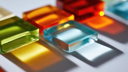 Close-up of colorful, translucent square tiles arranged in a row