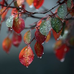 Autumn leaves, wet with dew drops
