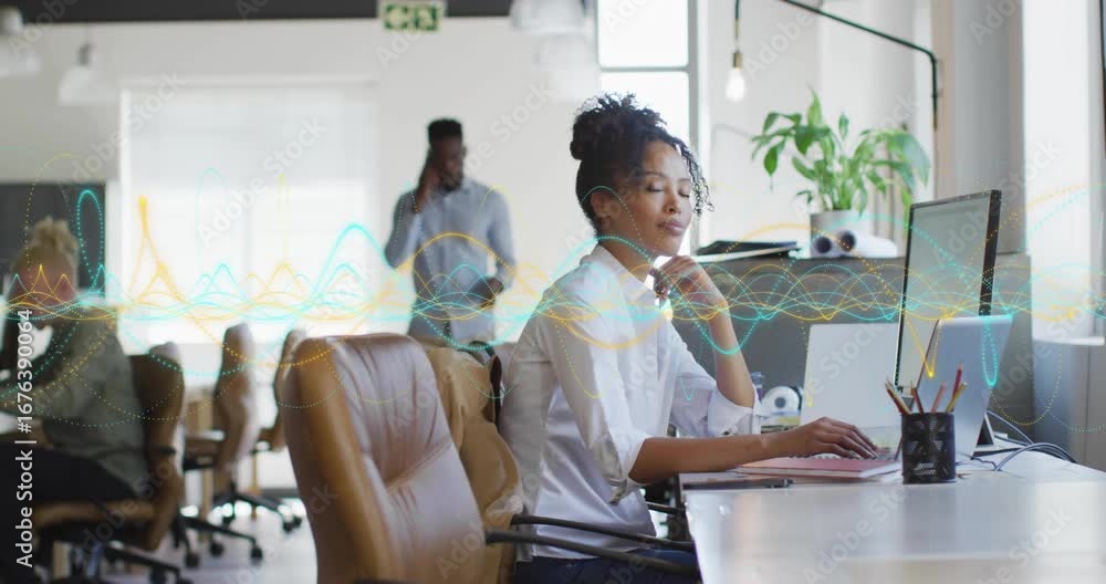 Poster office woman typing laptop with animated waveform graphics shifting causing pause for data review