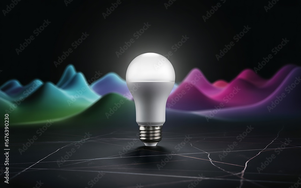 Poster illuminated led light bulb with abstract colorful sound wave background