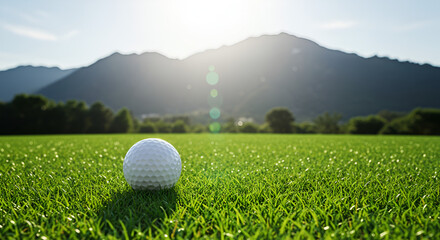 Scenic golf course vista with a golf ball in focus and mountain backdrop