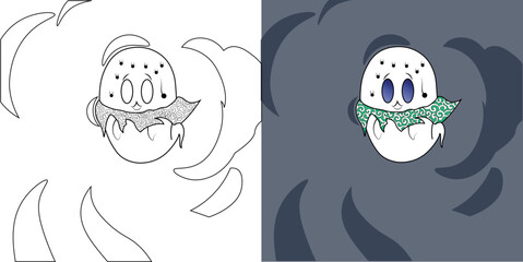 Creative Illustration of a Cute Ghost with a Patterned Scarf and Blue Eyes