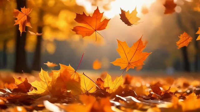 公園でたくさんの秋の紅葉のカエデがゆっくりと散って落ちる