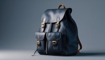 Dark navy leather backpack, studio shot
