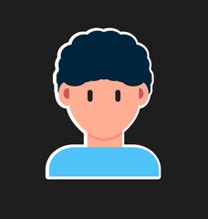 Flat cartoon avatar of a young man with curly dark hair and blue shirt, outlined design on dark background, clean vector style ideal for stickers, apps, or digital branding