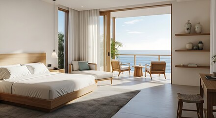 Serene bedroom with oceanfront balcony and natural light