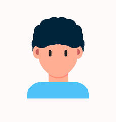 Flat vector avatar of a young man with curly dark hair and blue shirt, minimalist cartoon style, isolated on white background for profile, user interface, or social media icon