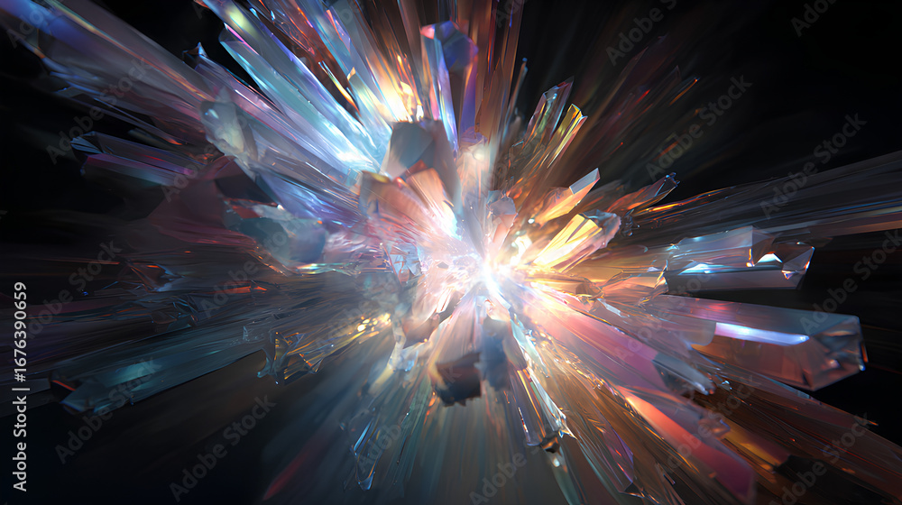Poster abstract colorful explosion with iridescent shapes and glowing light