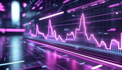 Glowing pink line graph on digital screen with blue interface elements in futuristic tech scene
