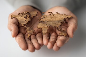 World map carved from wood held in cupped hands
