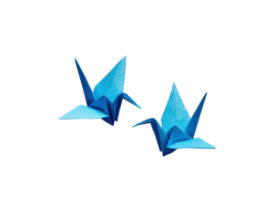 Two origami cranes, vibrant blue