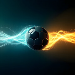 Fototapeta premium Soccer Ball with Glowing Energy Streams in Teal and Orange on Dark Background football sport