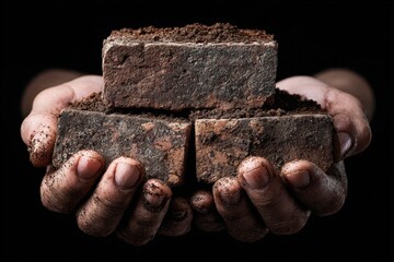 Hands holding aged bricks with soil