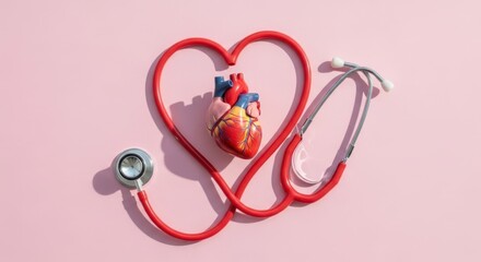 Red heart-shaped stethoscope frame, a model heart, and a stethoscope on a pink background