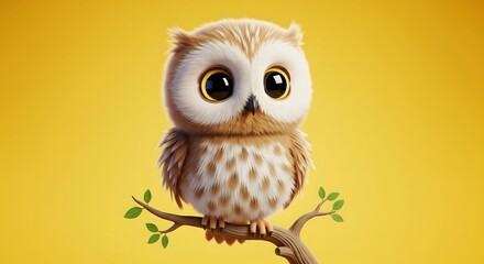 Obraz premium Cute Brown and White Cartoon Owl Sitting on Branch with Large Eyes on Bright Yellow Background