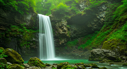 Spectacular waterfall cascades into a vibrant turquoise pool surrounded by lush greenery