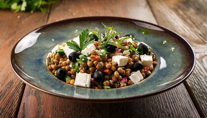 a beautifully styled plate of lentil salad with feta olives and herbs