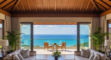 Elegant lounge space with tropical ambiance and ocean backdrop