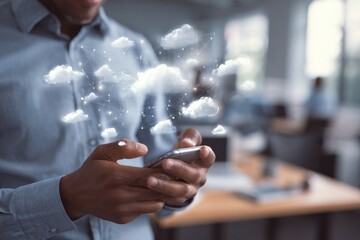 Person using phone with cloud computing graphic overlay