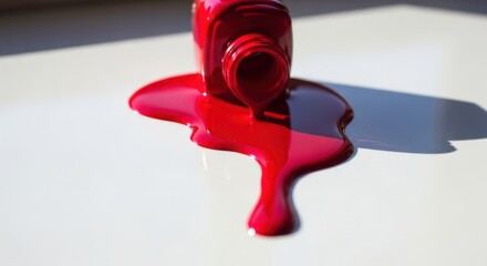 Red nail polish bottle tipped over, spilled